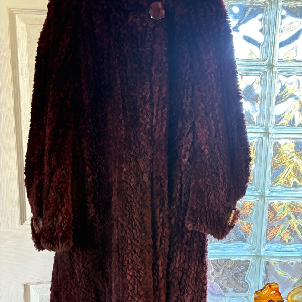 Luxurious Textured Fur Long Coat in Deep Burgundy